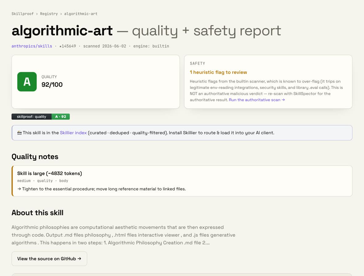 Example Skillproof report: quality grade, safety signal, findings and the SKILL.md